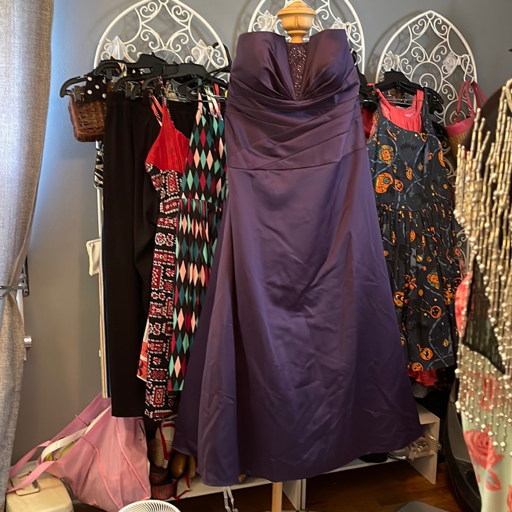 David’s Bridal size 22, deep purple, semi-formal, strapless dress.